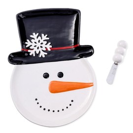 The Bridge Collection 12.5" Christmas Jolly Snowman Plate with Spreader - 2 Piece Set - Wintery Smiling Snowman Serving Dish with Matching Spreader