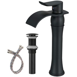 BWE Black Bathroom Faucet with Drain Assembly and Supply Hose Waterfall Vessel Sink Faucet Matte Black Lavatory Mixer Tap Tall Body