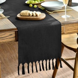 Artoid Mode camino de mesa con borlas negras, mezcla de lino rústico estilo granja para la cocina, decoración de mesa para vacaciones, bodas, cenas, 13 x 90 pulgadas