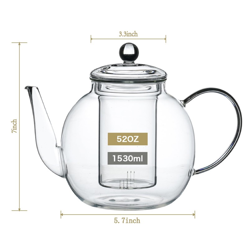 Wlasss 1530 ml/52 oz Large Glass Teapot with Removable Infuser,