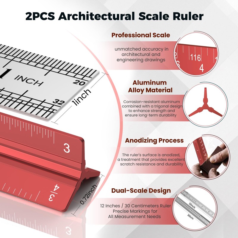 Architectural Scale Ruler 12 Inch: 2-Pack 12" Aluminum Triangle Ruler