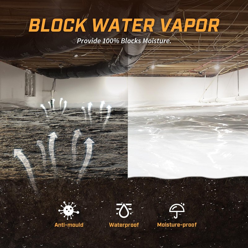 Crawl Space Vapor Barrier, 10mil Film, 10'x65', White Plastic Sheeting