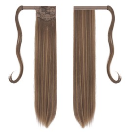FESHFEN Long Straight Ponytail Extensions Wrap Around Clip in Synthetic Ponytails Hair Piece Pony Tails Extensions Hairpieces for Women 28 Inch Golden Brown Mixed Blonde