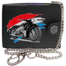 Biker Classic Vintage Motorbike Motorcycle Luxembourg Flag Mens Chain Wallet Gift Box KLASSEK Brand Real Black Leather RFID Blocking with Coin Pocket