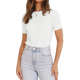 SAMPEEL Womens Summer Tops 2024 Short Sleeve White Tshirts Shirts Spring Outfits M