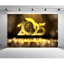 CHNYWORK 7x5ft Happy New Year Backdrop 2025 Golden Clock Countdown Bokeh Shining Background Happy New Year Eve Party Decoration Portrait Photo Studio Booth Props Wallpaper