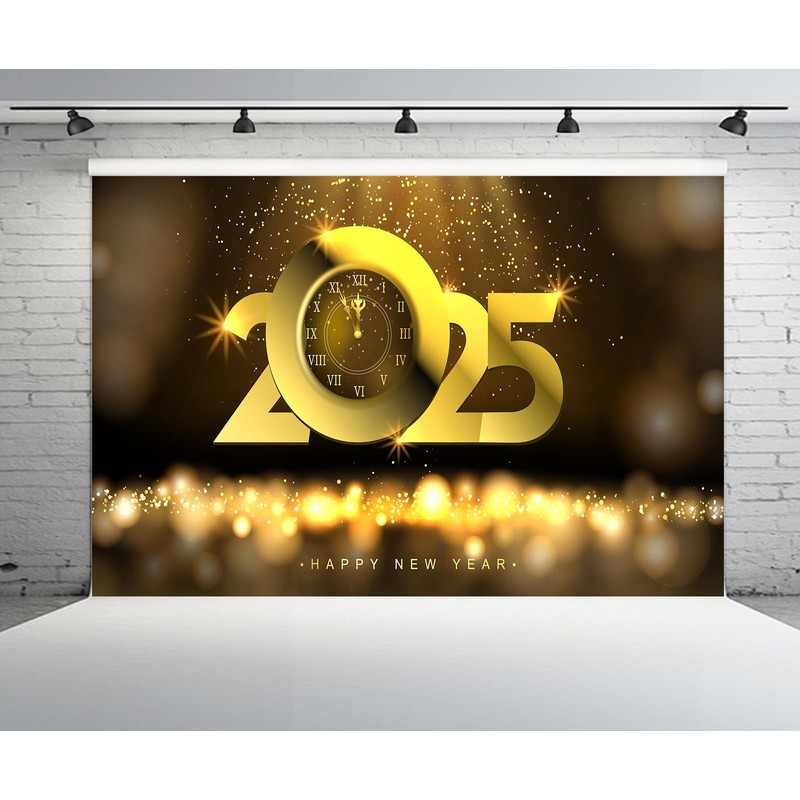 CHNYWORK 7x5ft Happy New Year Backdrop 2025 Golden Clock Countdown