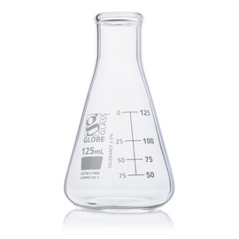 Erlenmeyer Flask, Globe Glass, 125mL, Narrow Mouth, Dual Graduations, 3.3 Borosilicate Glass, ASTM E1404, 12/Box
