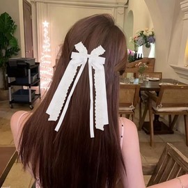 White Lace Bow Hair Clips for Girls Ribbon Bows for Hair with Long Tail Alligator French Hair Barrettes for Women Flower Lace Bridal Hair Accessories for Bachelorette Party Bridal Shower Gift