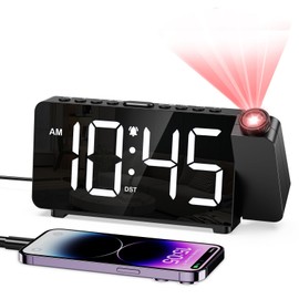 OQIMAX Projection Alarm Clock, Digital Projector Clock with 180° Projector, 5-Level Brightness Dimmer, Projection Clock with 3-Level Volume, 9mins Snooze, USB Charger, Adjustable Projection Clarity
