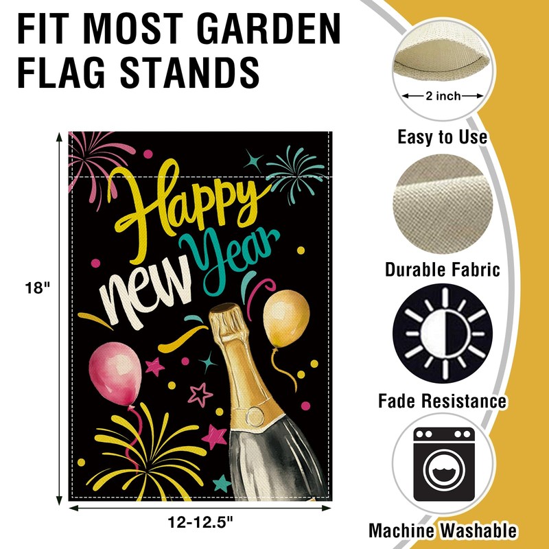 Happy New Year 2026 Small Decorative Garden Flag, Colorful Champagne