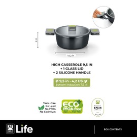 BRA COOKWARE Life High Casserole w/Glass Lid | 9.5 inches 3.8 quarts Recycled Cast Aluminum Deep Casserole | Ceramic Non-Stick | All Heat Sources Compatible | PFOA Free Tall Pot | Removable Handles