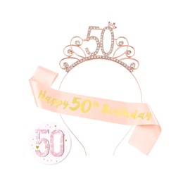 Birthday Sash Rose Gold 50th Birthday Crown Elegent Birthday Tiara with Birthday Badge for Women 50 Birthday Party