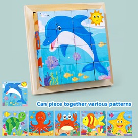 TYFYH Wooden Cube Puzzle, 3D Picture Cube Puzzle Games, 6-in-1 Animal Motifs, Wooden Puzzle for Children from 1 2 3 Years, Montessori Toy, Educational Toy, Wooden Toy, Gift for Boys and Girls