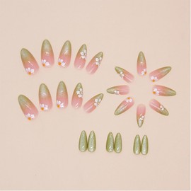 Light Green Press on Nails Almond Medium Fake Nails with White Flower Designs Cat Eye Press on Nails Reusable Shimmer Acrylic Nails Full Cover Glossy False Nails Stick on Nails for Women Girls 24Pcs