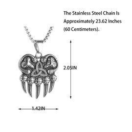 Men's Nordic Viking Celtic Triangle Bear Claw Pendant Necklace, 316L Stainless Steel, Silver Stainless Steel Square Pearl Chain, Vintage Amulet Jewelry, Standard, Stainless Steel, No Gemstone