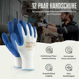 FUZZIO 12 Pairs Men's Work Gloves, Size 9, Mechanic Gloves, White, Gardening Gloves, Men, Work Gloves, Women, Assembly Gloves, Men, Latex Coating with Glove Clip