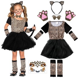 Girls' Leopard Costumes Carnival, Leopard Costume Set, Carnival Animal Costume for Children, with Leopard Dress, Cosplay Leopard Ears Gloves, Carnival Fancy Dress Costume Accessory (XL)