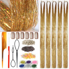 CelineBella Champagne Gold Hair Tinsel Kit with Tools Fairy Hair Tinsel Hair Extensions Glitter Sparkling Shiny Hair Tensile Hair Accessories for Girls Women