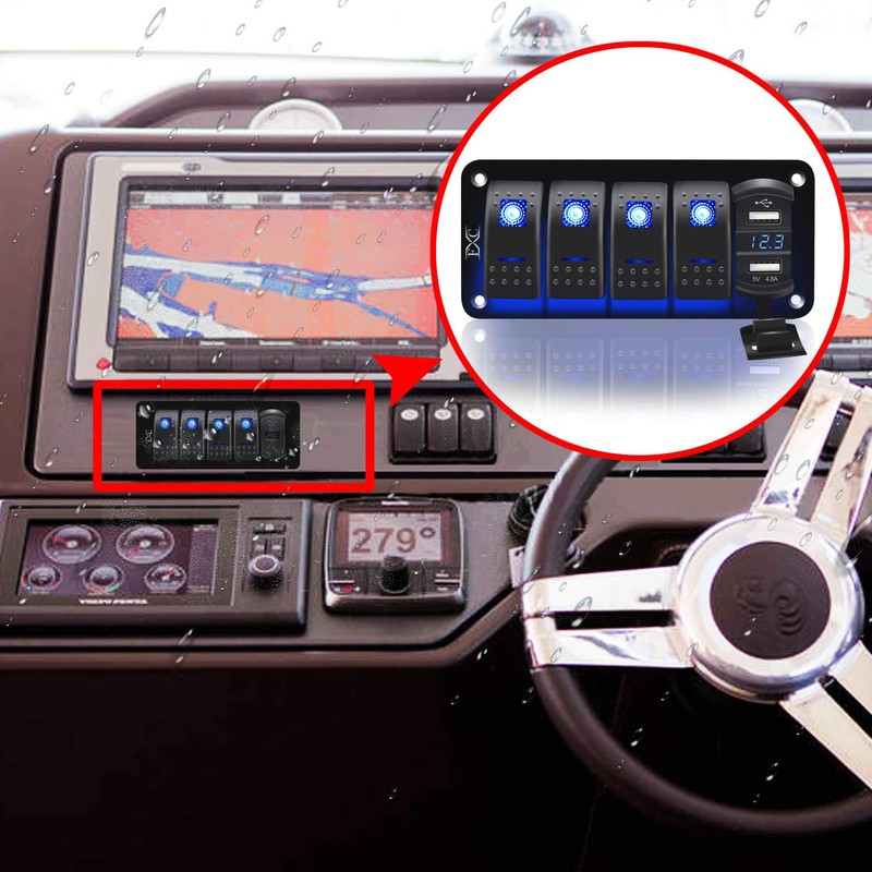 Purishion 4 Gang Rocker Switch Aluminum Panel with Voltmeter &