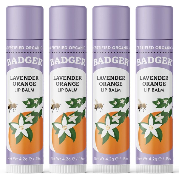 Badger - Classic Lip Balm, Lavender & Orange, Made with Organic Olive Oil, Beeswax & Rosemary, Certified Organic, Moisturizing Lip Balm, 0.15 oz (4 Pack)