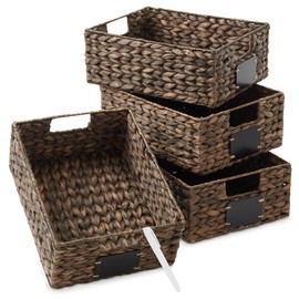 Casafield Set of 2 Water Hyacinth Pantry Baskets, 12-1/2" x 17" x 8", with Chalkboard Labels and Chalk Marker - Espresso, Woven Storage Bin Organizers for Kitchen Shelves