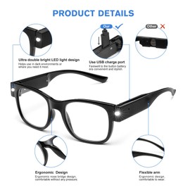 OuShiun USB Rechargeable Led Reading Glasses Smart Lighted Eyewear for Women Men (Black, 2.0X)