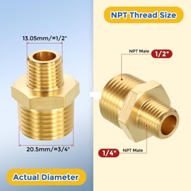 CoCud 1 Pack Brass Pipe Fittings, 1/2" NPT Male to 1/4" NPT Male Brass Hex Nipple, Male Pipe Adapter Reducer for Air, Oil, LP