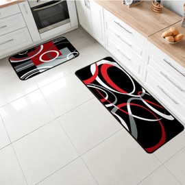 Maasechs 3 Pcs Geometric Kitchen Rugs and Mats Set Red and Black Floor Mat Non Slip Washable Minimalist Runner Rug Modern Abstract Kitchen Decor for Home Bar Office Bathroom Door Decor