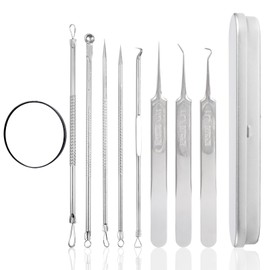 XEAOHESY 8 Pieces Stainless Steel Acne Needle Blackhead Removal Acne Cleaning Tweezers Pimple Popper Tool Kit with a Iron Box Comedones Extractor Acne Removal Kit for Blemish Whitehead Fatty Particle