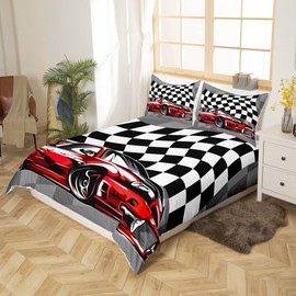 Race Car Bedding Set Red Sports Car Duvet Cover for Boys Girls 2 Pieces Kids Teens Back White Plaid Flag Microfiber Comforter Cover with 2 Pillowcase(Double)