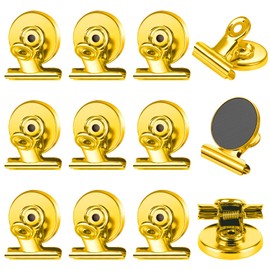 FINDMAG 12 Pack Magnetic Clips for Photo Display and Picture Hanging, Heavy Duty Scratch-Free Fridge Magnets, Strong Clips for Photo Display, Whiteboard, Office, Kitchen, School, 30mm Wide, Gold.