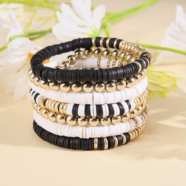 Pingyongchang Gold Beaded Bracelets Set for Women Men Bohemian Friendship Vinyl Disc Stretch Layering Stackable Bead Bracelet Summer Surfer Heishi Clay Beach Jewelry Gifts-Black