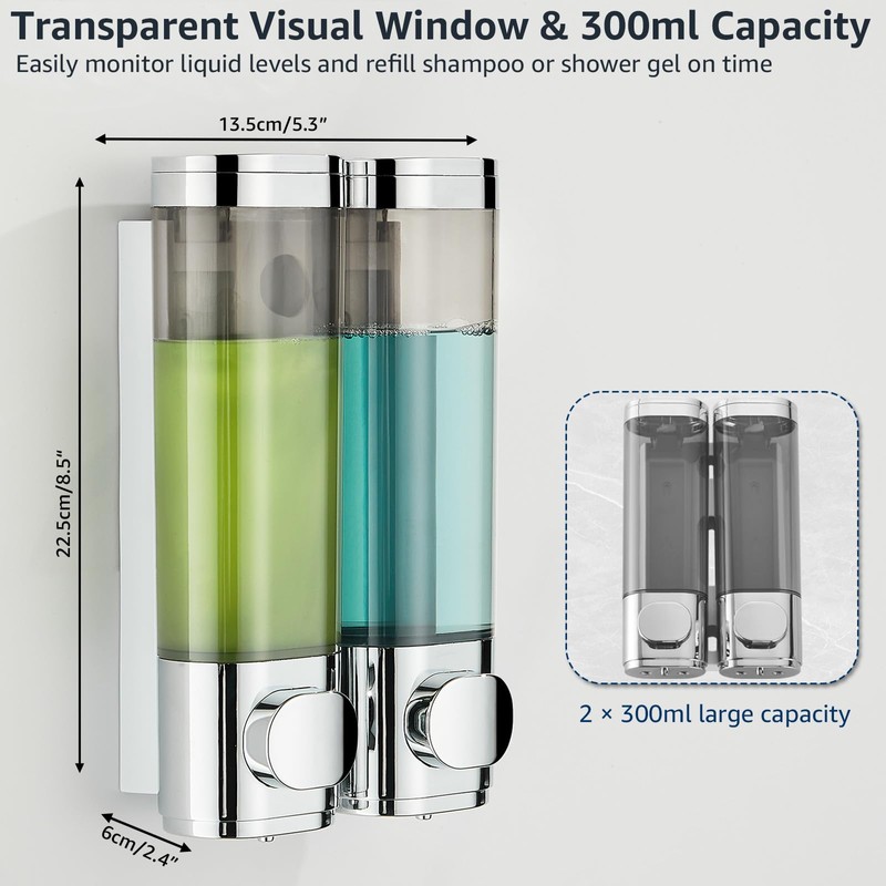 Pollock Wall Mounted Soap Dispenser, 300ml x 2 Shampoo and
