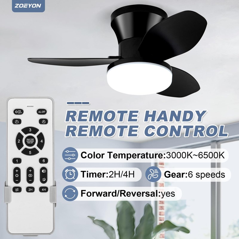 ZOEYON Small Ceiling Fan with Light - 26 Inch Flush