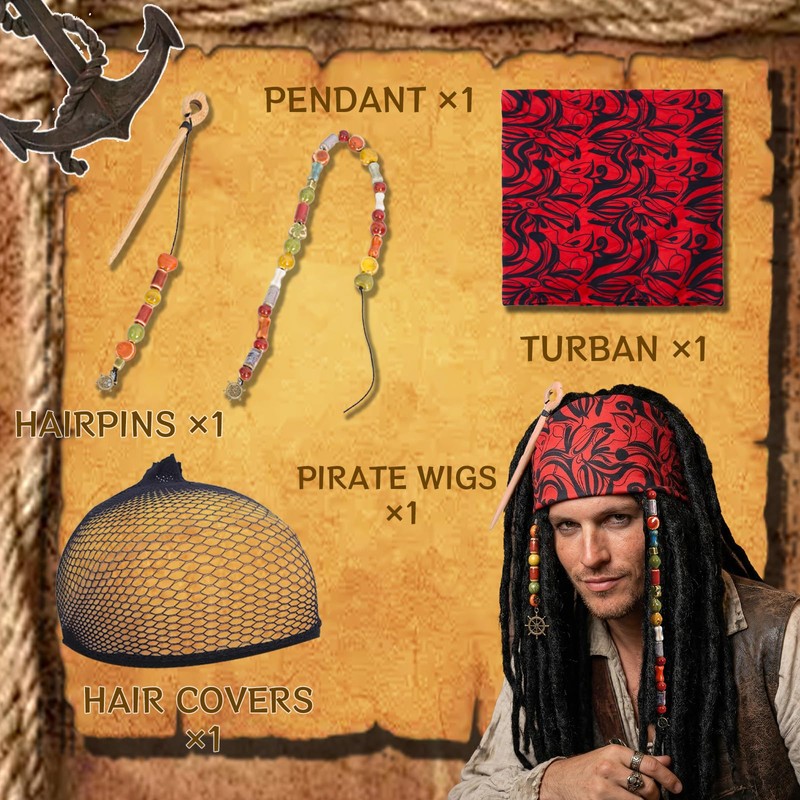 AQEWK Pirate Captain Dreadlock Wig Set - Pirate Wig for
