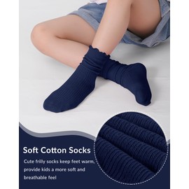 Witwot Ruffle Socks for Girls Kids Toddler Turn Cuff Dress Socks 7-10 Years Navy