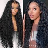 Phyoung 32 inch Black Long Curly Lace Front Wigs for Black Women Glueless Curly Synthetic Wigs Loose Deep Wave Lace Front Wigs Long Black Wig Middle Part Wigs Synthetic Loose Curly Wig