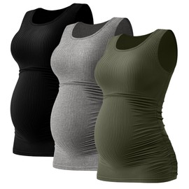 Riyiper 3 Pack Women's Maternity Tank Tops, Sleeveless Cotton Pregnancy Shirts Ribbed Knit Sides Ruched Basic Mama Clothes(Black, Light Gray, Light Army Green,X-Large)