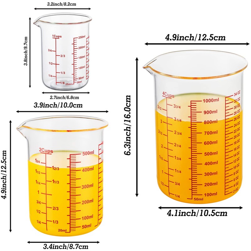 High Borosilicate Glass Measuring Cup Set-V-Shaped Spout，Includes 250ml(8OZ), 500ml(16OZ), and