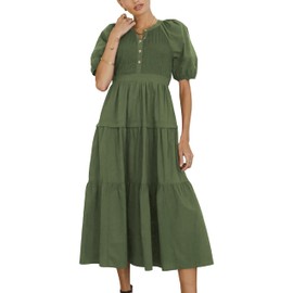 Vimida Women Summer Midi Dresses Short Sleeve Smocked Boho Crew Neck Button Down Ruffle Tiered Cocktail Dress(ArmyGreen-S)