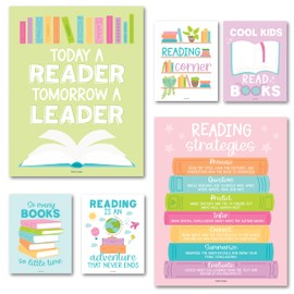 Hadley Designs Motivational Reading Posters for Classroom Elementary –6 Reading Strategies Posters for Classroom Library Decor, Read Corner School Library Poster, Pastel Bulletin Board Decorations