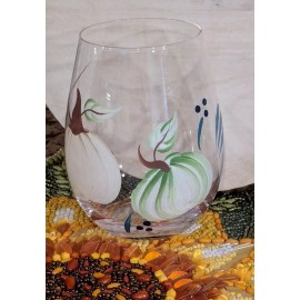 Unbranded Fall Harvest White Green PUMPKINS Hand Painted Stemless Wine Glass New
