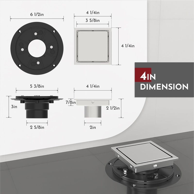 WEBANG 4 Inch Square Shower Drain Brushed Floor Drain with