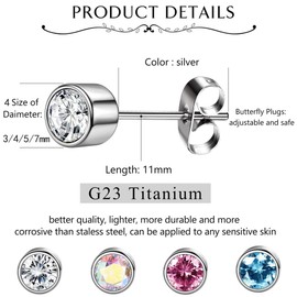 CASSIECA 4 Pairs Titanium Stud Earrings for Women Girls Medical Stud Earrings Set Earrings Hypoallergenic Crystal Titanium Earrings Women Children Zircon Earrings 3/4/5/7 mm, Crystal