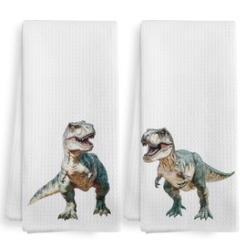 XNXLDYLH Funny Dinosaur Bath Kitchen Towels and Dishcloths Sets of 2, Dinosaur Dino Nursery Bathroom Decor Gifts for Boys Room, Baby Boy Kids Decor Dish Hand Tea Towels for Bathroom Kitchen,16x24 Inch
