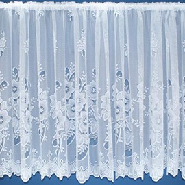 White Floral Contemporary Window Lace Net Curtain With Scalloped Bottom. 54inch (137cm) drop. Sold by the metre by Kelly's Soft Furnishings