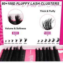Fowendia Fowendia Lash Clusters Kit Fluffy 80D 100D Individual Lashes D Curl Cluster Eyelash Extensions 10-18mm DIY Lash Extension Kit Lash Bond and Seal Waterproof, Lash Applicator, Thick False Eyelashes Kit
