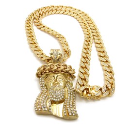 NYFASHION101 Crown of Thorns Stone Stud Jesus Face Pendant 12mm 30" Iced Out Cuban Chain Necklace in Gold-Tone