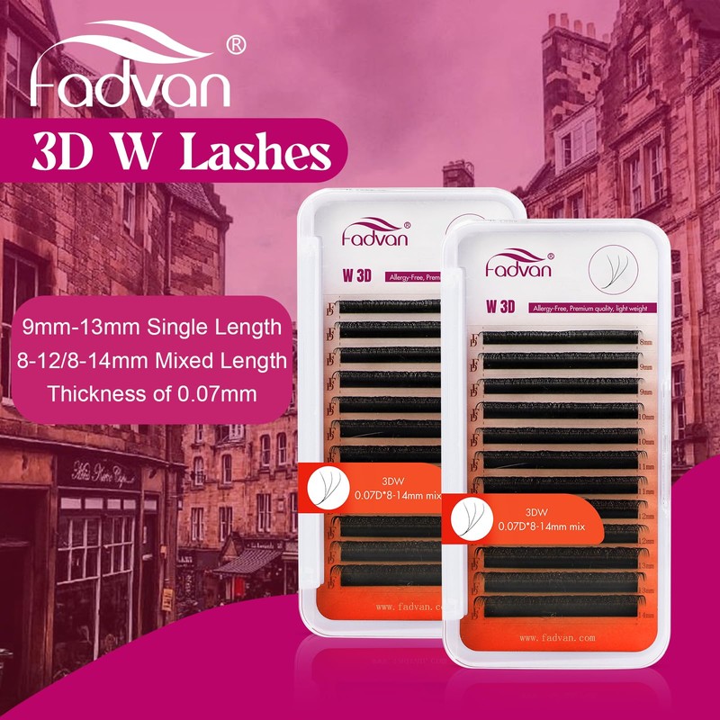 FADVAN 3D W-Shaped Volume Eyelashes, 0.07D Curl, Mixed 8-14 mm